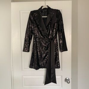 Zara Sequin Black Tuxedo Mini Dress with Side Tie Size XS
